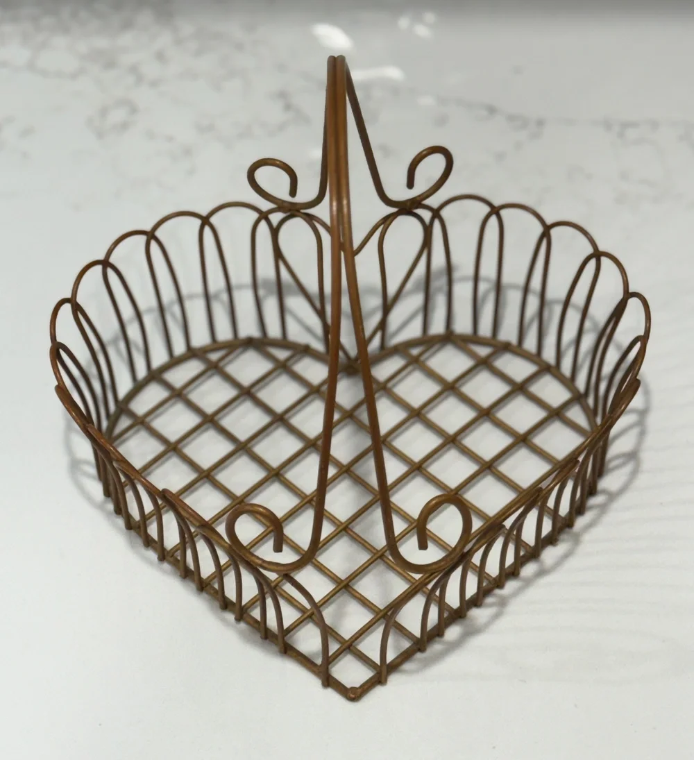 Gold Metal Wire Heart Shaped Gathering Basket Scalloped Scrollwork Cottagecore